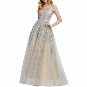 Mac Duggal Long-Sleeve Floral Illusion Ball Gown